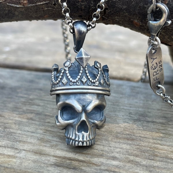 925 Sterling Silver King Skull Chain Necklace, Gothic Skull Silver Necklace for Men, Skull Charm Jewelry, Valentine's Day Gift for Boyfriend