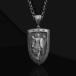 Saint Michael Shield Silver Archangel Amulet Medallion Necklace, St. Michael the Archangel Pendant, Michael Religious Man Christian Gift Him