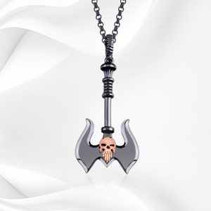 Silver Viking Axe Necklace For Man, Unique Silver Axe Pendant Gift for Him, Mens Black Silver Necklace with Unique Silver Axe Skull Pendant