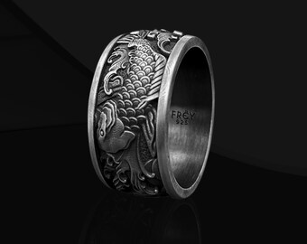 Japanese Koi Fish 925 Sterling Silver Wedding Ring for Men, Carp and Waves Japanese Motifs Silver Men Ring, Men Wedding Band Ring Gifts