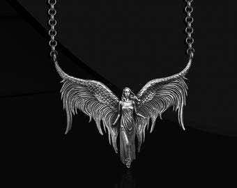 Oxidized Sterling Silver Angel Wings Necklace: Gothic Guardian Jewelry