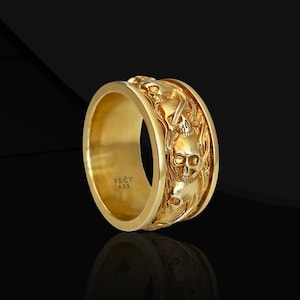 Edgy 925 Sterling Silver Skull Band Ring for Men, Gold Skull Goth Wedding Band Ring, Wedding Silver Skull Biker Ring Christmas Gift for Men
