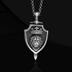 Medieval 925 Silver Sword Shield Warrior Necklace, Knight Lion Shield Necklace Gift for Boyfriend, Medieval Gothic Sword Silver Jewelry