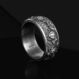 Oxidized Sterling Silver Lotus Flower Kanji Ring - Japanese Mens Band