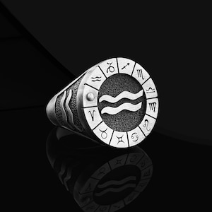 Aquarius Zodiac Signet Ring: Oxidized Sterling Silver Astrology Ring