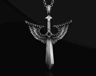 Handmade Angel Winged Sword Necklace: 925 Sterling Silver Zircon Pendant