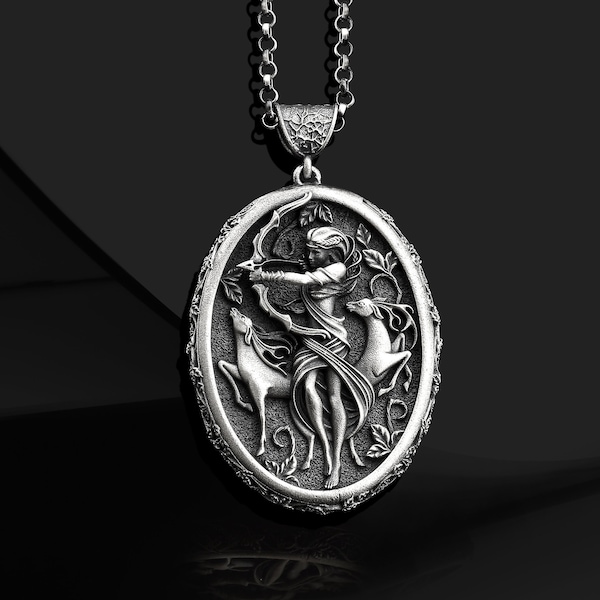 Greek Goddess Artemis 925 Sterling Silver Necklace, Greek Mythology Necklace, Roman Goddess of the Hunt Diana Locket, Special Gift for Her