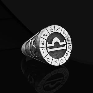 Pierścień z grawerunkiem Libra dla mężczyzn, męski pierścień na mały palec ze srebra próby 925, pierścień ze znakiem zodiaku dla męża, pierścień z horoskopem dla taty, prezent urodzinowy