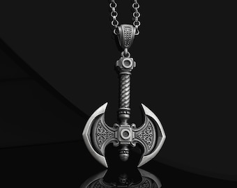 Oxidized Sterling Silver Viking Ax Necklace: Norse Mens Pendant