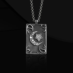 Crescent and Star Mens 925 Silver Dog Tag Necklace: Gothic Engraved Pendant
