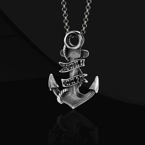 Oxidized Sterling Silver Anchor Necklace: Black Zircon Sailor Pendant