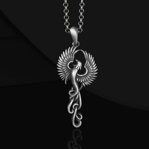 Handmade Winged Phoenix Sterling Silver Men Charm Necklace, Ancient Greek Mythology Phoenix Jewelry, Mythical Bird Pendant, Animal Necklace