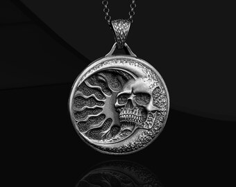 Oxidized Sterling Silver Skull Locket Necklace: Memento Mori Moon Pendant