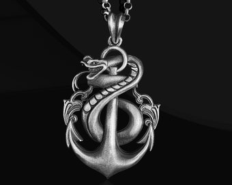 Customizable Sailor Anchor Necklace for Men, Handmade 925 Sterling Silver Snake Pendant Gift, Unique Oxidized Snake Anchor Necklace For Man