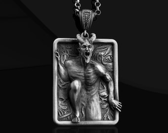 Baphomet Silver Goat Headed Satanic Religion Deity Pagan Pendant Jewelry Fallen Angel Lucifer, Sterling Silver Satanic Necklace Gift for Him
