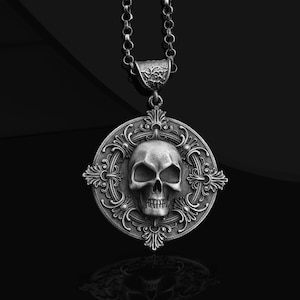 Handmade Memento Mori Silver Skull Medallion Necklace, Oxidized Silver Skull Necklace, Biker Silver Skull Necklace Halloween gifts for him