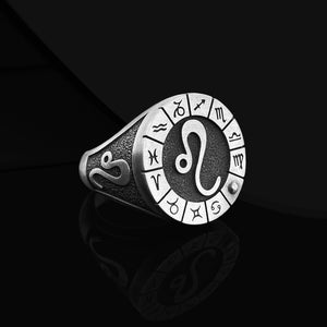 Oxidized Sterling Silver Leo Signet Ring: Zodiac Astrology Jewelry