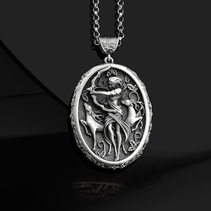 Greek Mythology Goddess Artemis Necklace: 925 Sterling Silver Huntress Diana Pendant for Women Men