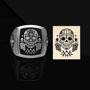 Calavera Silver Skull Signet Ring for Men, Men 925 Sterling Silver Skeleton Art Silver Ring, Customizable Halloween Skull Art Silver Ring