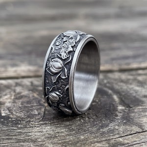 Oxidized Sterling Silver Lotus Flower Ring: Kanji Wedding Band