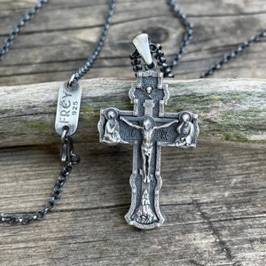 Crucifix Jesus Cross Pendant 925 Sterling Silver Chain Men Necklace, Sterling Silver Orthodox Crucifix, Cross Gifts for him personalized