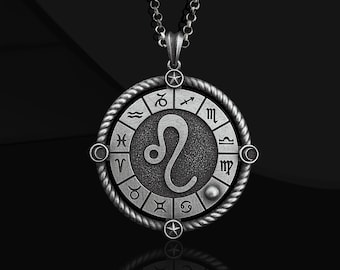 Leo Sterling Silber Männer Charm Halskette Geburtstagsgeschenk, Sternzeichen Männer Schmuck, Astrologie Anhänger Geschenk für ihn, Leo Horoskop Charm Halskette