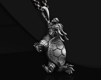 Sterling Silver Dragon Turtle Pendant Necklace: Chinese Men&#39;s Jewelry