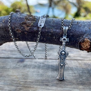 Oxidized Silver Warrior Sword Men&#39;s Pendant, Silver Thor&#39;s Arm Sword Necklace, Scandinavian Mythology Sword Pendant, Gifts for him Christmas