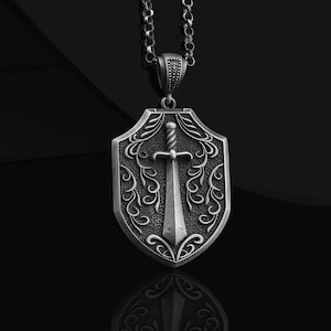Personalized Gift 925 Sterling Silver Medieval Sword Necklace, Knight Shield and Sword Necklace, Medieval Shield Silver  Mens Chain Necklace