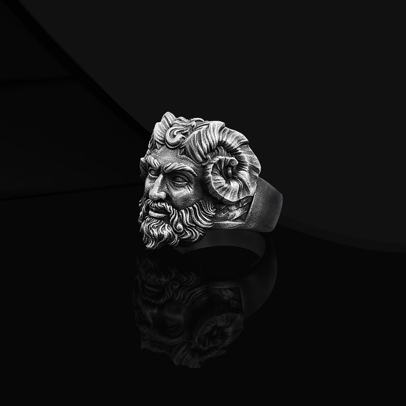 Pan God Gothic Oxidized Silver Ring for Boyfriend, Ancient Greek God Silver Jewelry, Greek Mythology Ring, Faun Gothic Silver Ring For Men