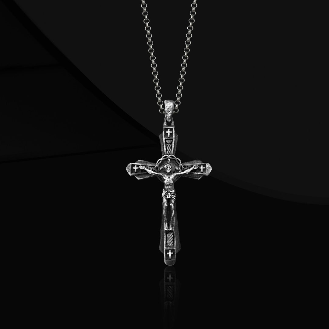 Crucifixion of Jesus Catholic Necklace for Men, Silver Cross Necklace for Christian, Faith