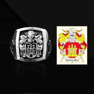 Aangepaste ring met familiewapen Custom wapenschild Gonzalez zegelring voor hem Zilveren heraldiekringen voor man Custom design herenring beste cadeau