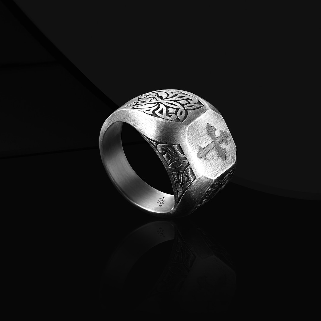 Men Christian Cross Ring for Men, Sterling Silver Engraved Faith