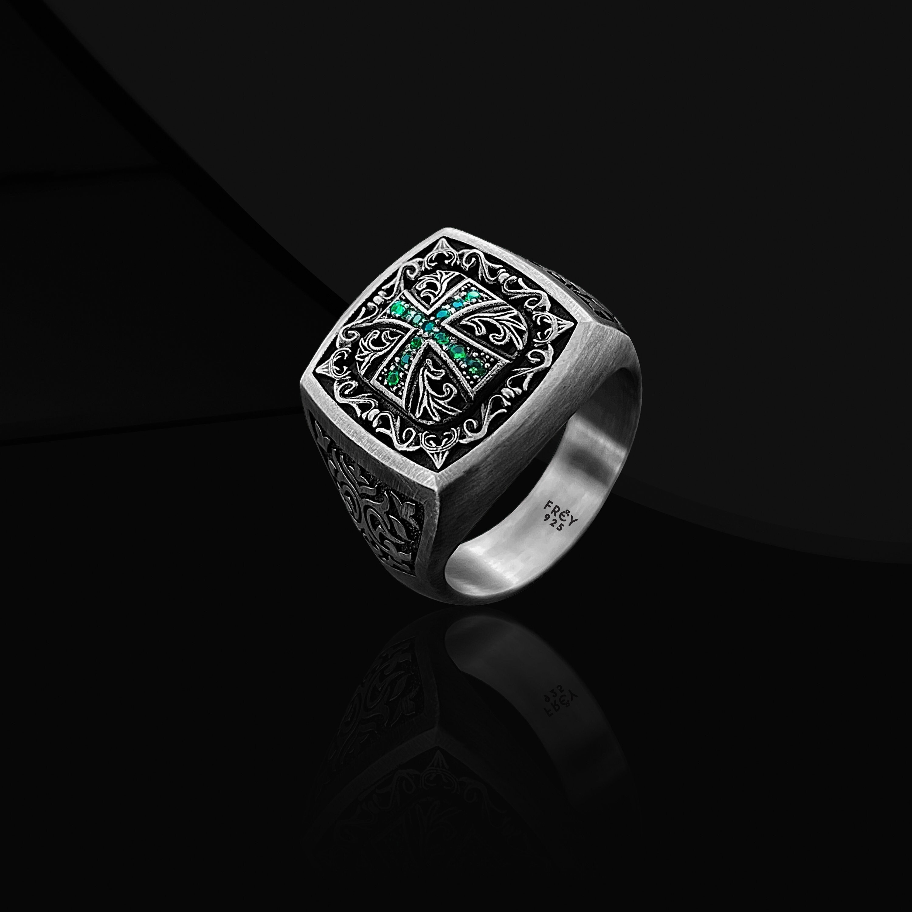 Maltese Cross Signet Ring: Green Zircon, Sterling Silver Templer Symbol