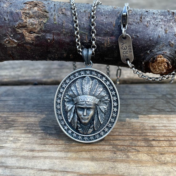 Native American Chief Pendant: Oxidized Sterling Silver Necklace
