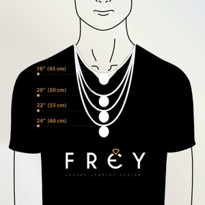 May include: Diagram showing different necklace lengths on a person wearing a black t-shirt. The lengths are 18 inches (45 cm), 20 inches (50 cm), 22 inches (55 cm), and 24 inches (60 cm). The text "FREY LUXURY JEWELRY DESIGN" is at the bottom of the image.