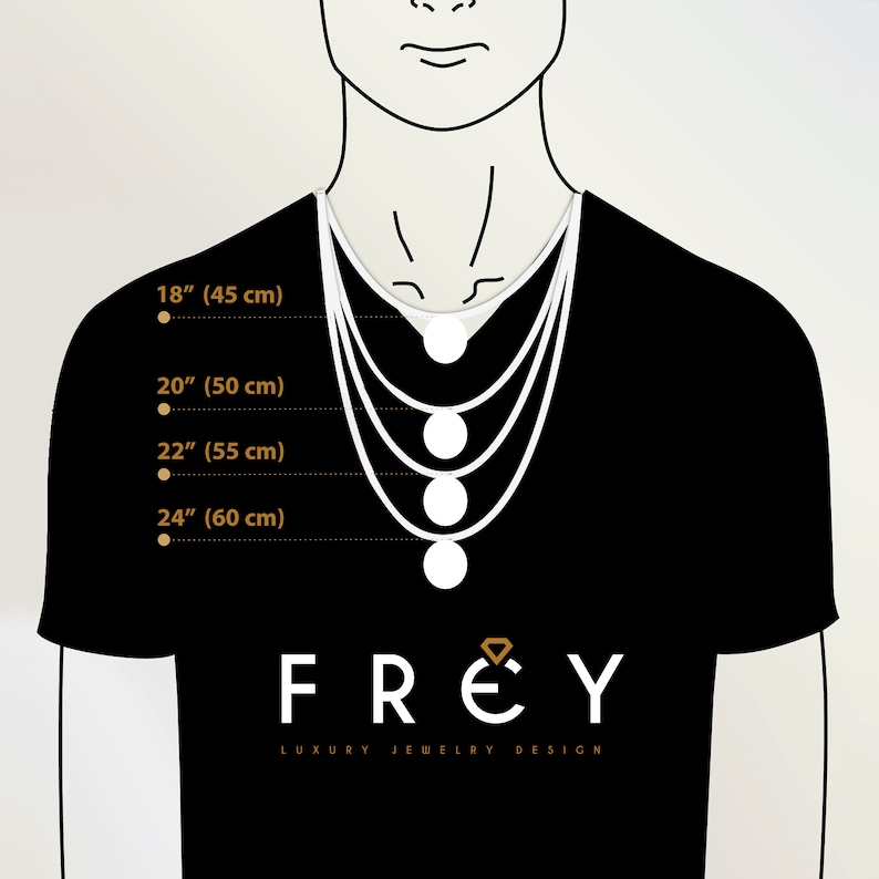May include: Diagram showing different necklace lengths on a person wearing a black t-shirt. The lengths are 18 inches (45 cm), 20 inches (50 cm), 22 inches (55 cm), and 24 inches (60 cm). The text "FREY LUXURY JEWELRY DESIGN" is at the bottom of the image.