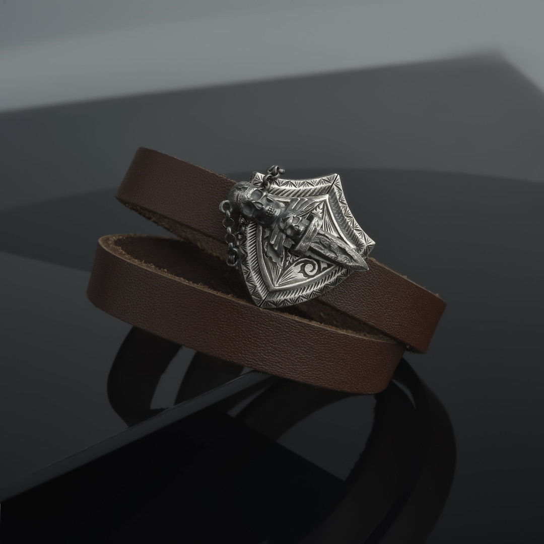 スターリングシルバー スカルレザーブレスレット - ブラウン