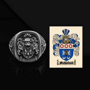 Mulholland Coat of Arms Family Crest Custom Rings For Men Silver Signet Custom Coat Of Arms Ring Men Unique Heraldic Family Crest Ring Gift