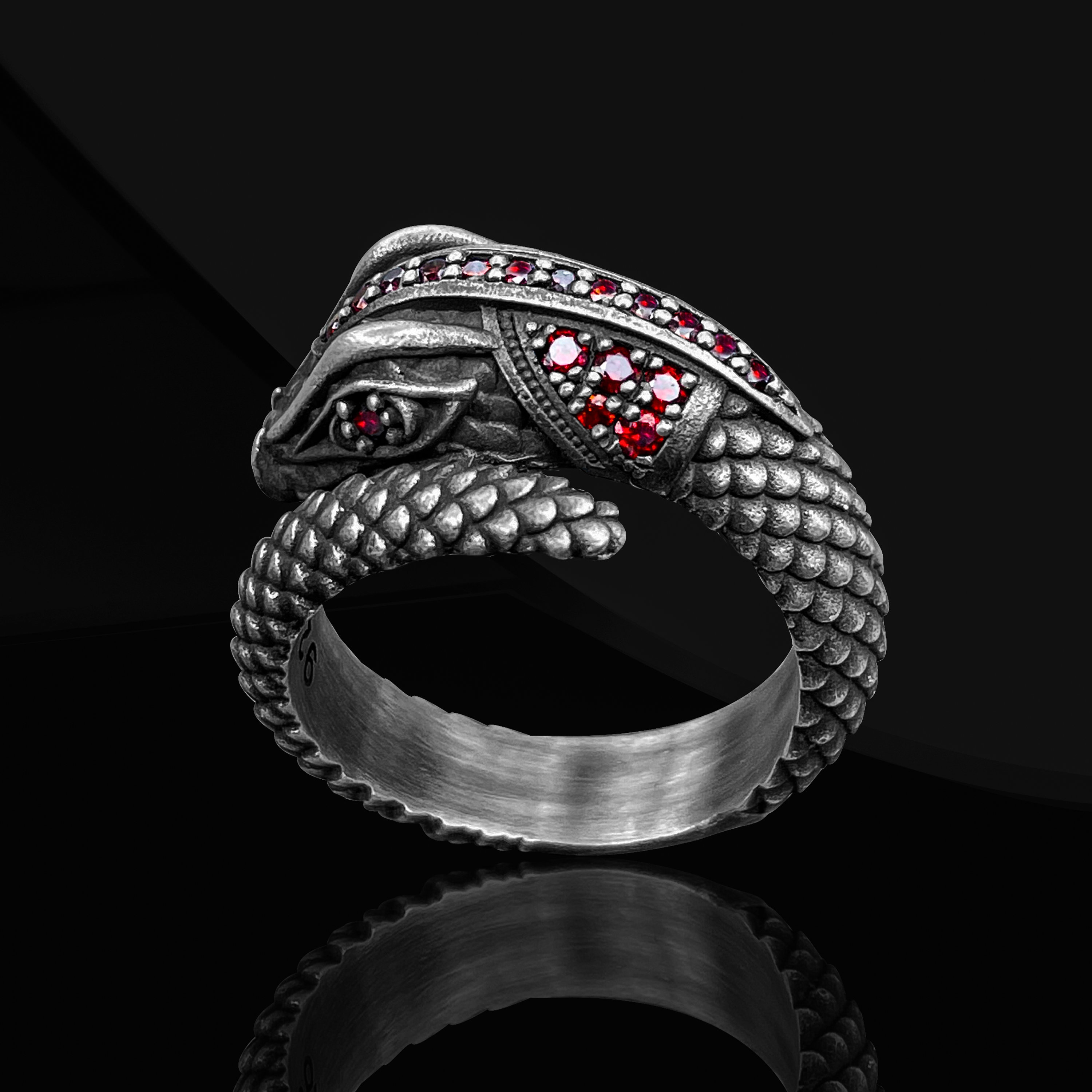 Simulated Garnet Red Eyes Snake Animal Ring - .925 Sterling Silver Band, Sizes 6 To 12 - View #5