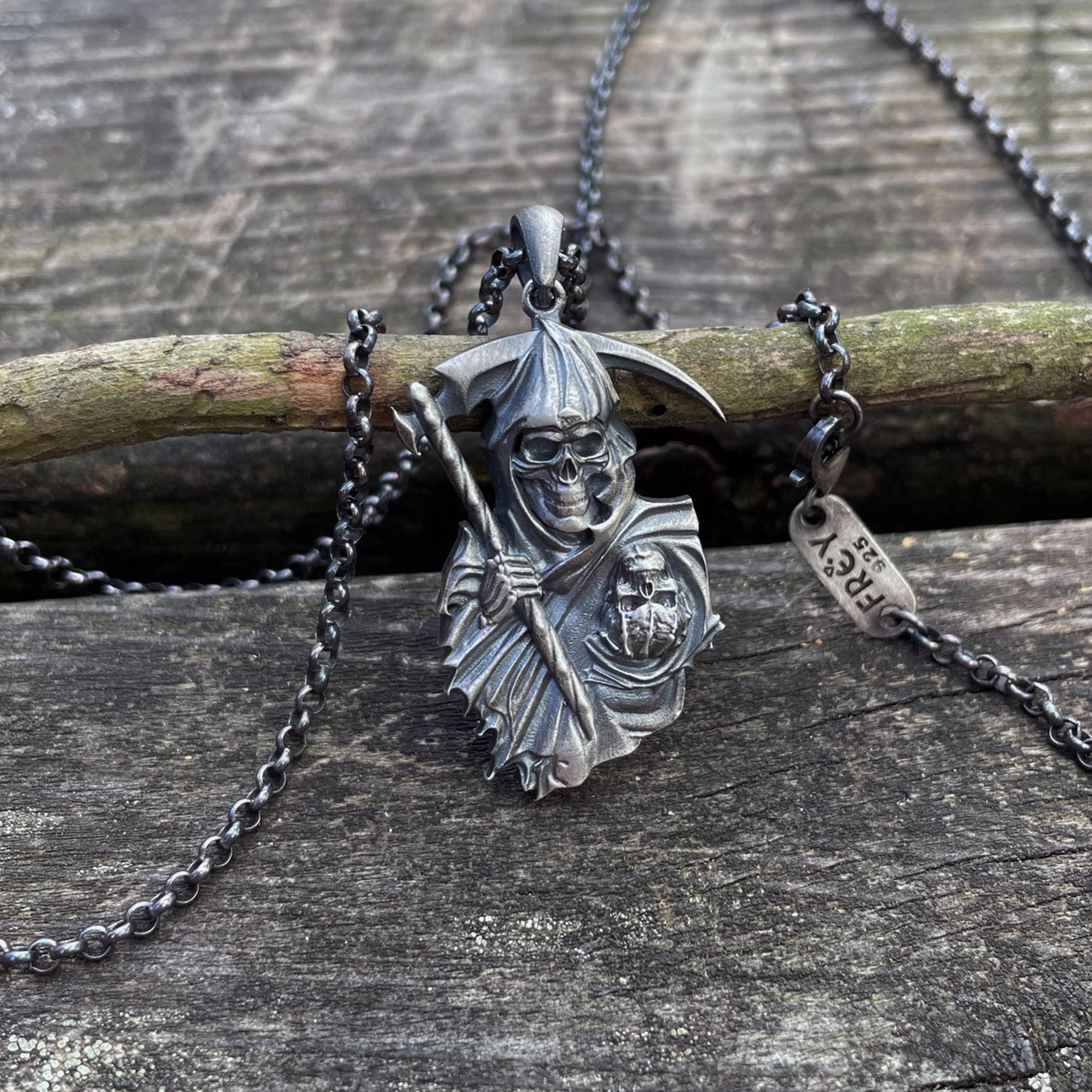 Grim Reaper Skull Necklace: Gothic Oxidized 925 Sterling Silver 