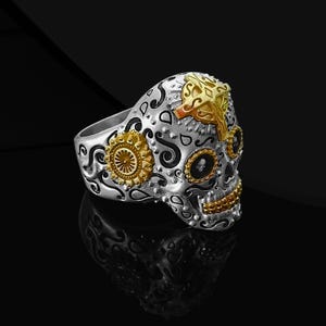 925 Sterling Silver Gold Sugar Skull Ring for Men, Mexican Day of the Dead Punk Jewelry with Gold Accents, Retro Cross Sunflower Engraving