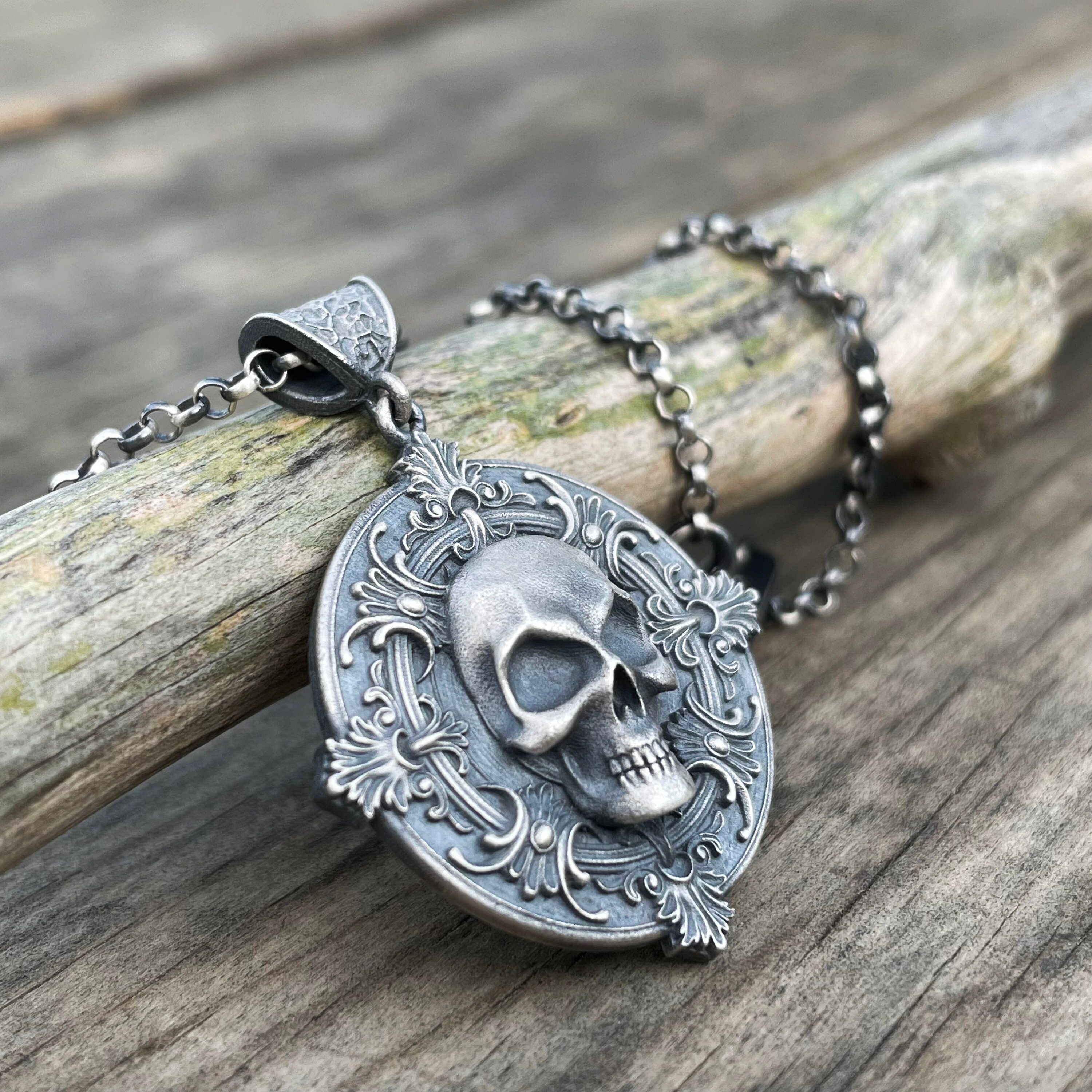 Handmade Memento Mori Silver Skull Medallion Necklace