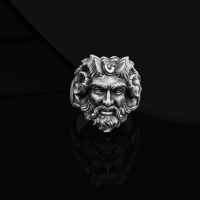Pan God Gothic Oxidized Silver Ring for Boyfriend, Ancient Greek God Silver Jewelry, Greek Mythology Ring, Faun Gothic Silver Ring For Men