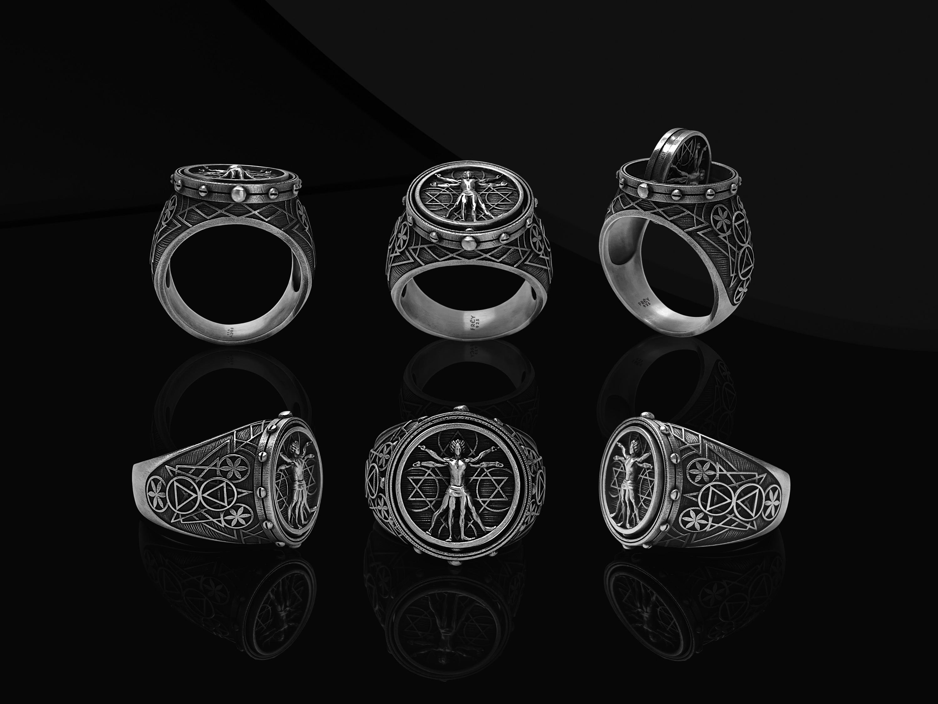 Vitruvian Man Rotating Sterling Silver Ring: Esoteric Mens Jewelry