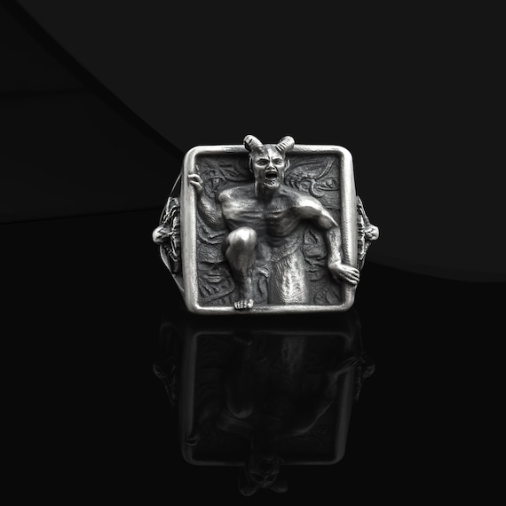 ヤギ×バフォメット×サタン×シルバーリング ヘル・サタン・バフォメット・リング：酸化925スターリングシルバーの