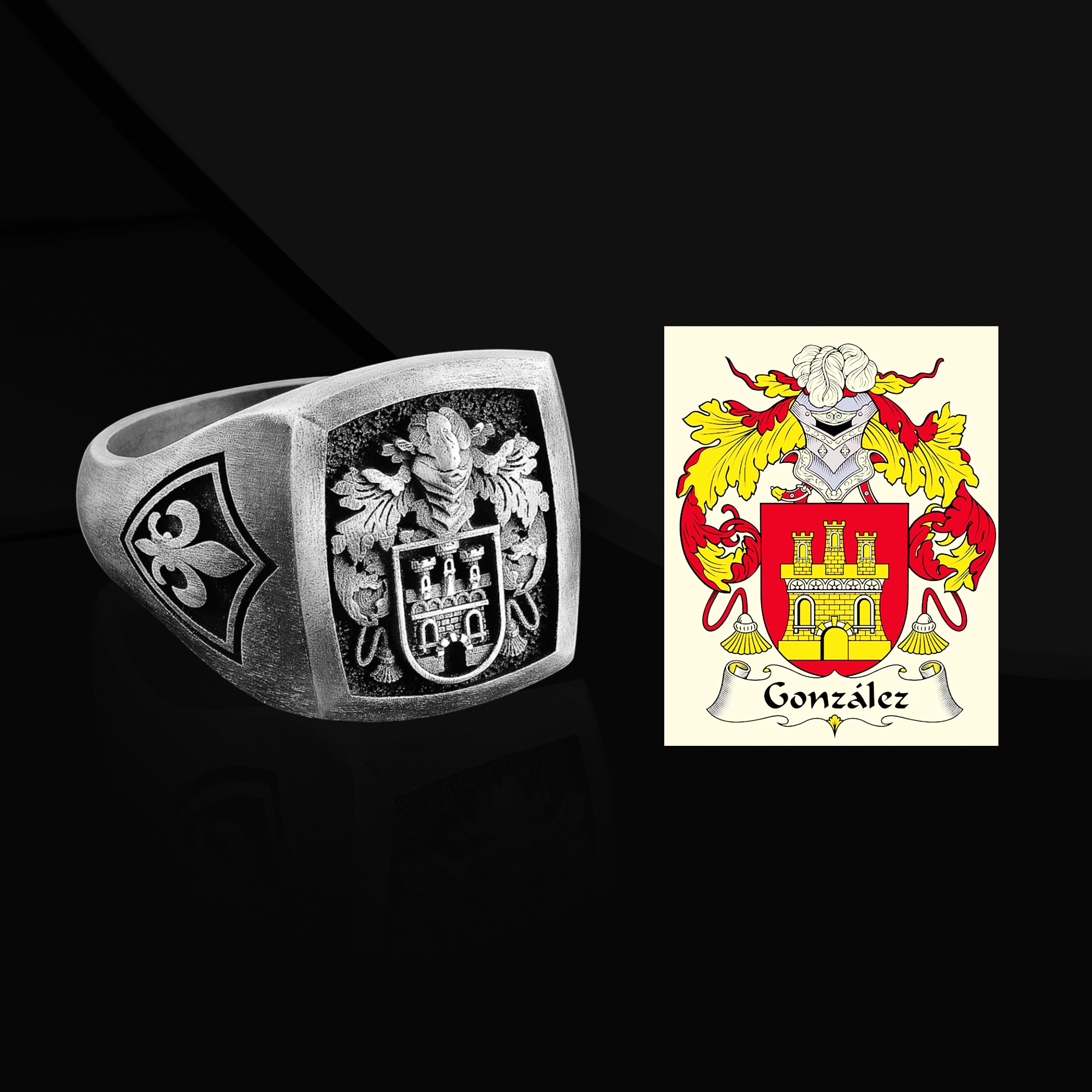 Custom Family Crest Signet Ring: Sterling Silver Heraldry Ring for