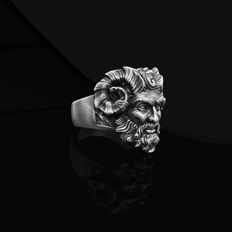 Pan God Gothic Oxidized Silver Ring for Boyfriend, Ancient Greek God Silver Jewelry, Greek Mythology Ring, Faun Gothic Silver Ring For Men