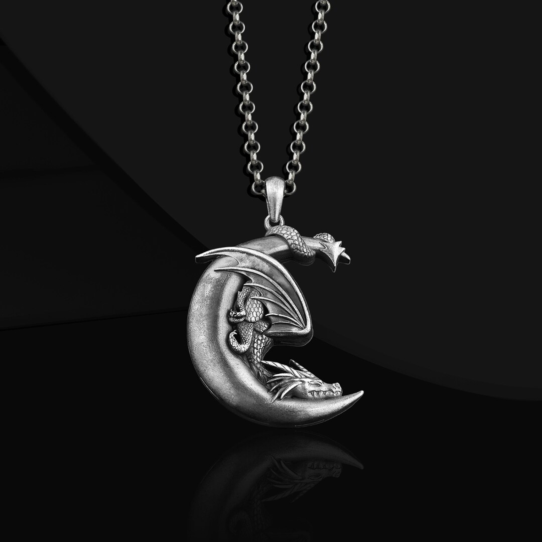 Handmade 925 Sterling Silver Moon Dragon Men Necklace, Personalized