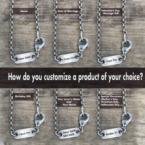 May include: Six silver chains with engraved tags. The tags are customizable with text, such as names, dates, and messages. The chains are ideal for gifts for birthdays, anniversaries, or special occasions.